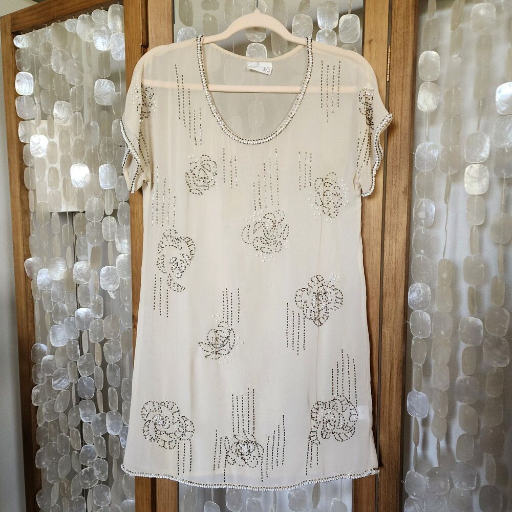 dRA Sheer Beaded Topper XS Ivory Romantic Blouse Embellished Boho Festival Sheer